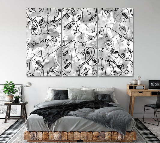 Abstract Faces with Splashes Ink Canvas Print ArtLexy 3 Panels 36"x24" inches 