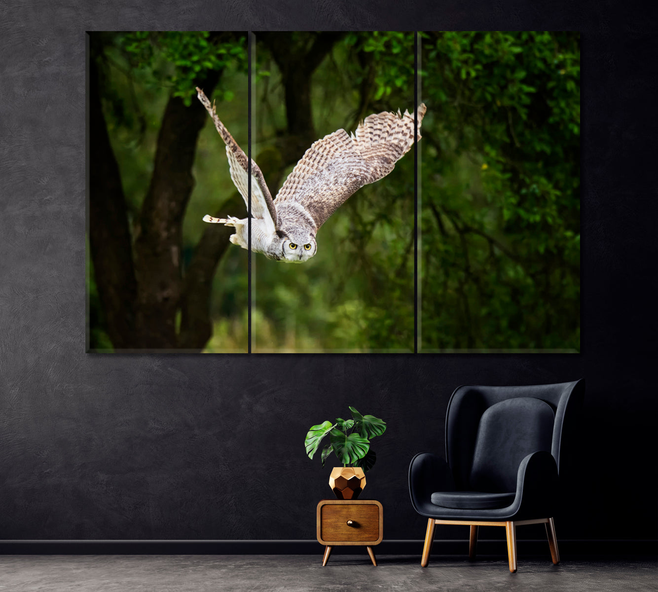 Great Horned Owl flying in Forest Canvas Print ArtLexy 3 Panels 36"x24" inches 