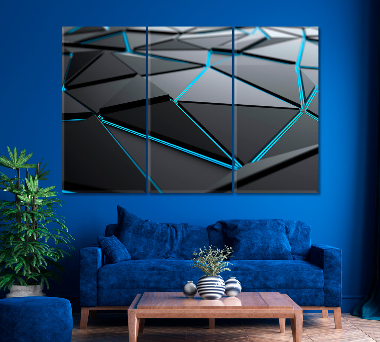 Abstract Triangles with Blue Backlight Canvas Print ArtLexy 3 Panels 36"x24" inches 