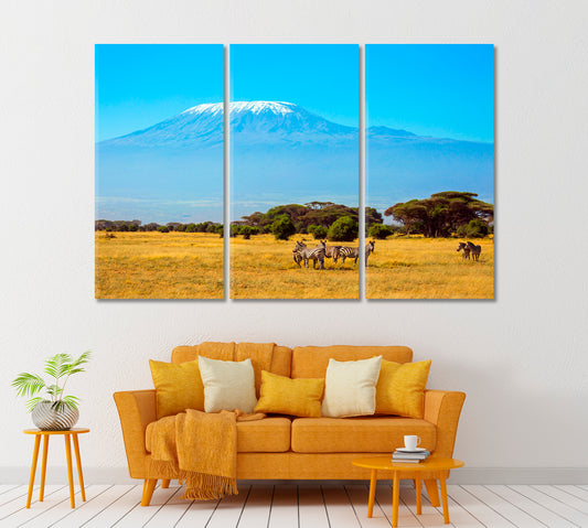 Herd of  Zebras at Foot of Mount Kilimanjaro Kenya Canvas Print ArtLexy 3 Panels 36"x24" inches 