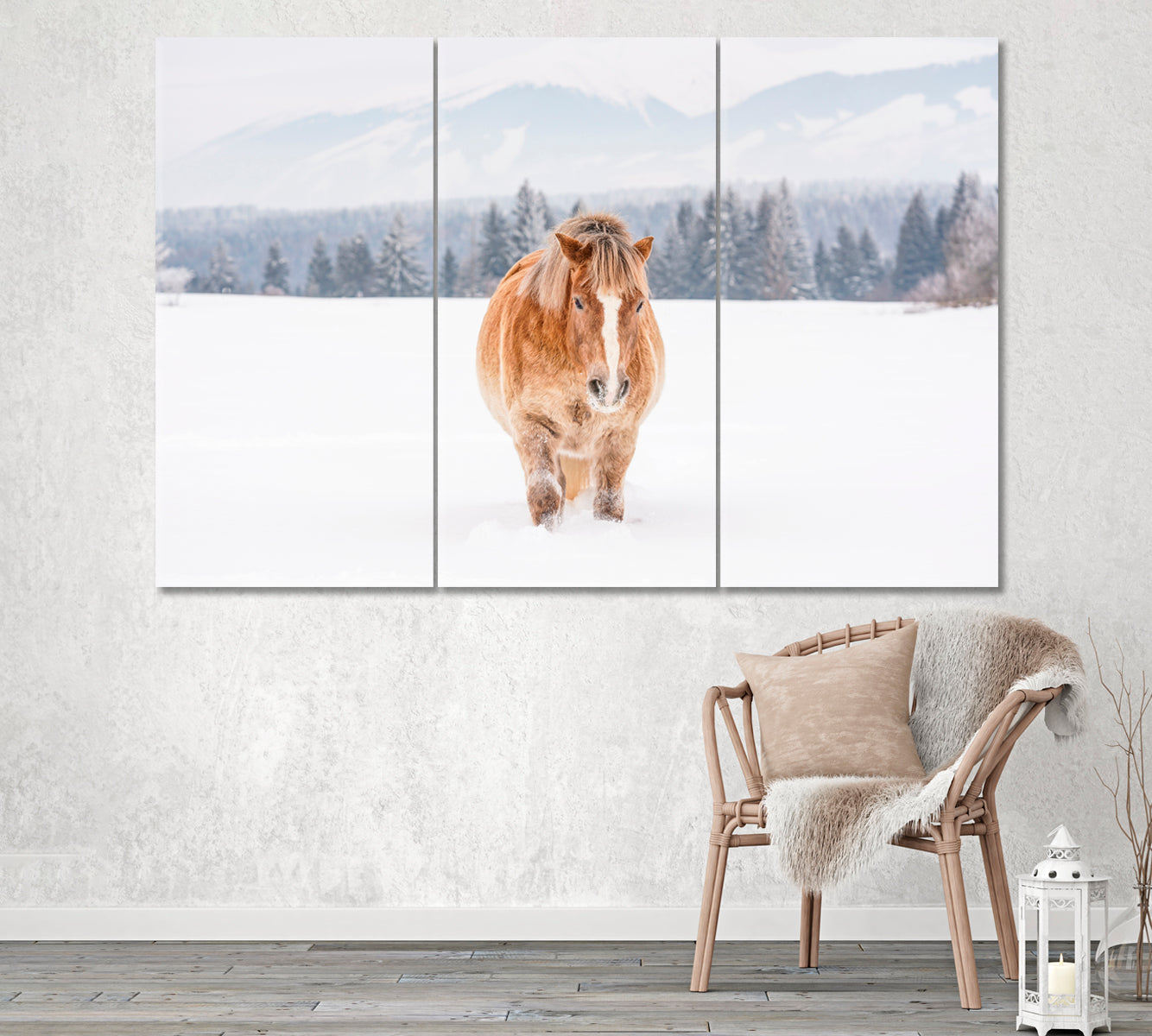 Brown Haflinger Horse on Snow Covered Field Canvas Print ArtLexy 3 Panels 36"x24" inches 
