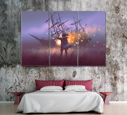 Man with Lantern Found Magic Ship in Field Canvas Print ArtLexy 3 Panels 36"x24" inches 