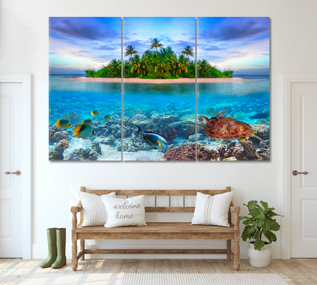 Thoddoo Island and Underwater Life Maldives Canvas Print ArtLexy 3 Panels 36"x24" inches 