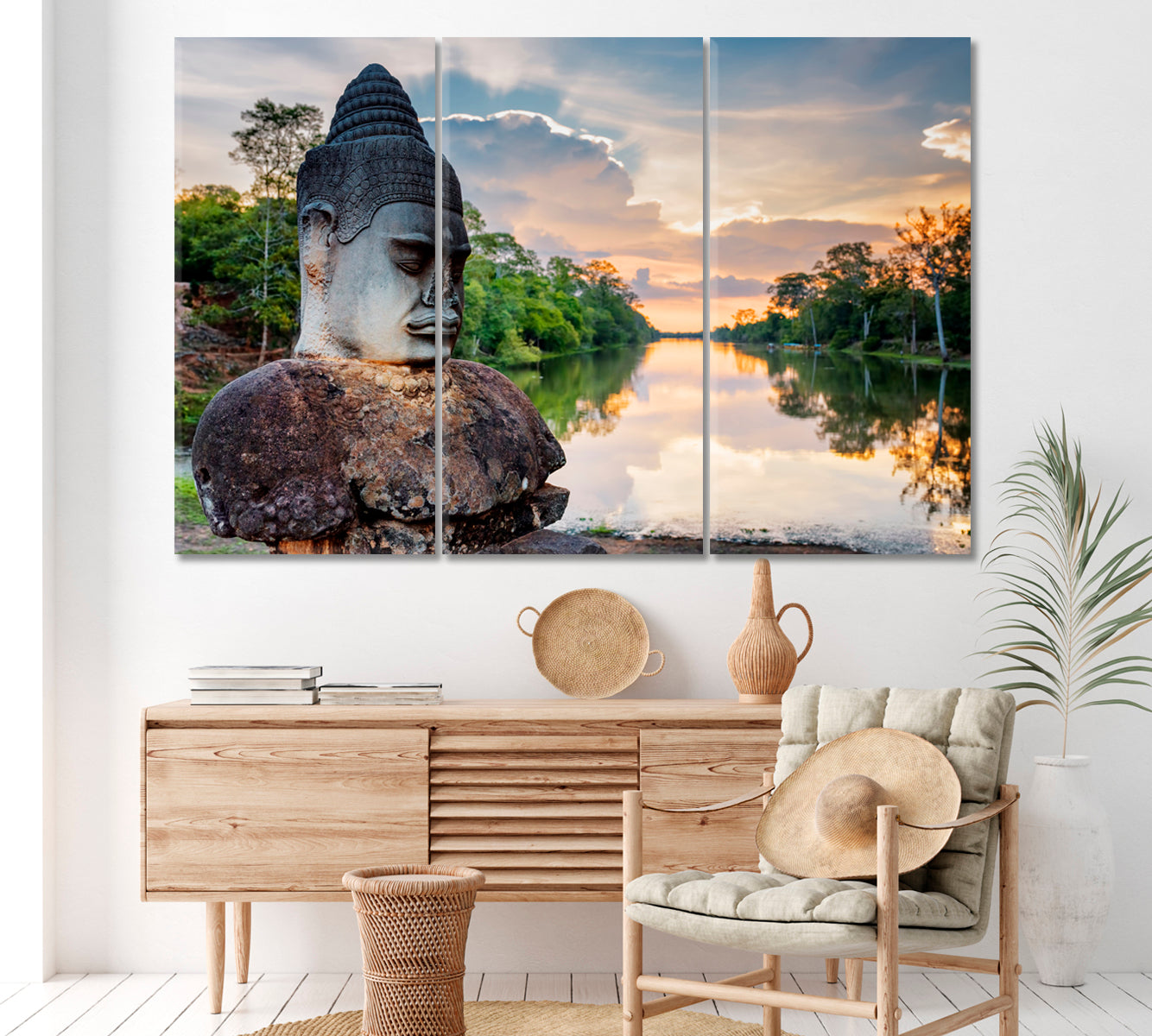 Ancient Statue near South Gate of Angkor Thom Cambodia Canvas Print ArtLexy 3 Panels 36"x24" inches 