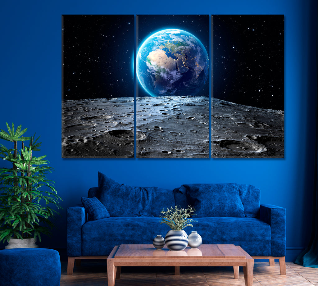 Earth Seen from Moon's Surface Canvas Print ArtLexy 3 Panels 36"x24" inches 