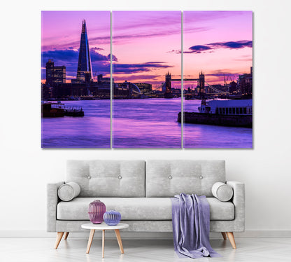 London Cityscape during Purple Sunset Canvas Print ArtLexy 3 Panels 36"x24" inches 