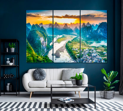 Li River and Karst Mountains China Canvas Print ArtLexy 3 Panels 36"x24" inches 