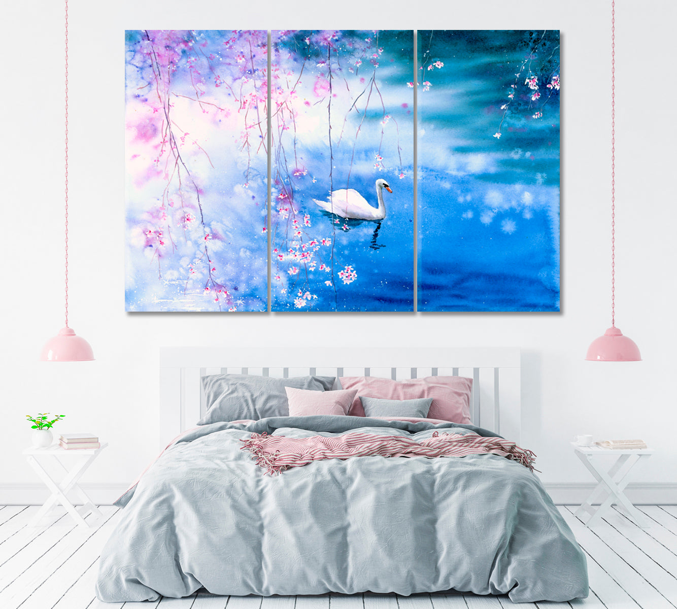 Swan on Lake with Blossom Cherry Canvas Print ArtLexy 3 Panels 36"x24" inches 