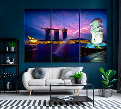 Merlion Fountain and Marina Bay Singapore Canvas Print ArtLexy 3 Panels 36"x24" inches 