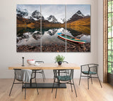 Condoriri Mountain and Laguna Chiar Khota with Boat Bolivia Canvas Print ArtLexy 3 Panels 36"x24" inches 