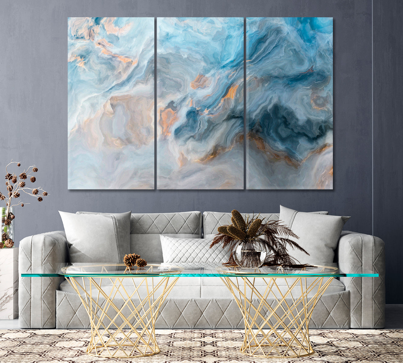 Blue Marble Wavy Pattern Canvas Print ArtLexy 3 Panels 36"x24" inches 