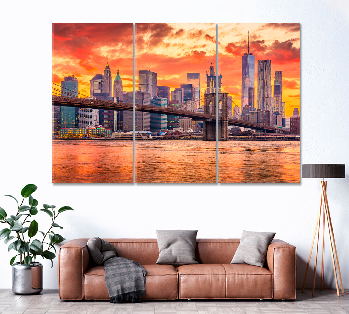 Brooklyn Bridge and Lower Manhattan at Sunset New York Canvas Print ArtLexy 3 Panels 36"x24" inches 