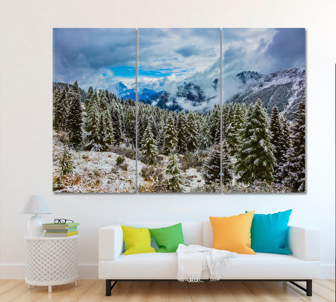 Evergreen Forests in Snowy Alps Canvas Print ArtLexy 3 Panels 36"x24" inches 