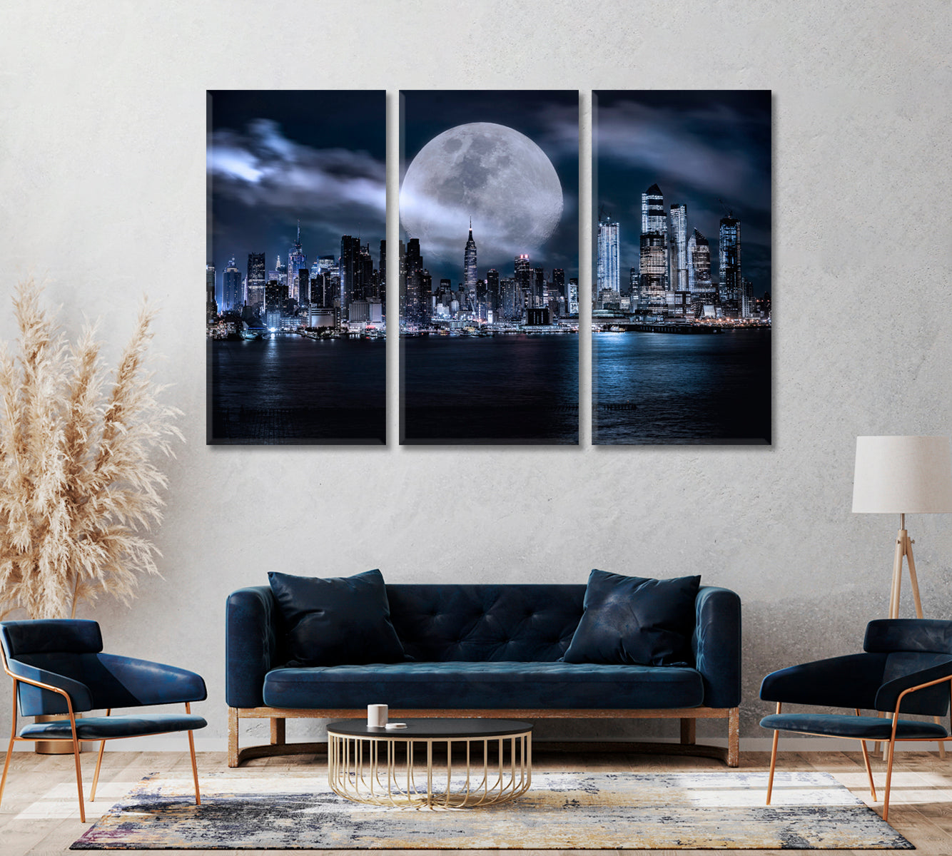 Manhattan Skyline at Dusk with Huge Moon New York USA Canvas Print ArtLexy   