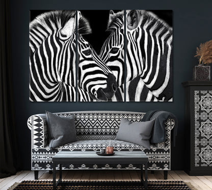 Two Zebras in Black and White Canvas Print ArtLexy 3 Panels 36"x24" inches 