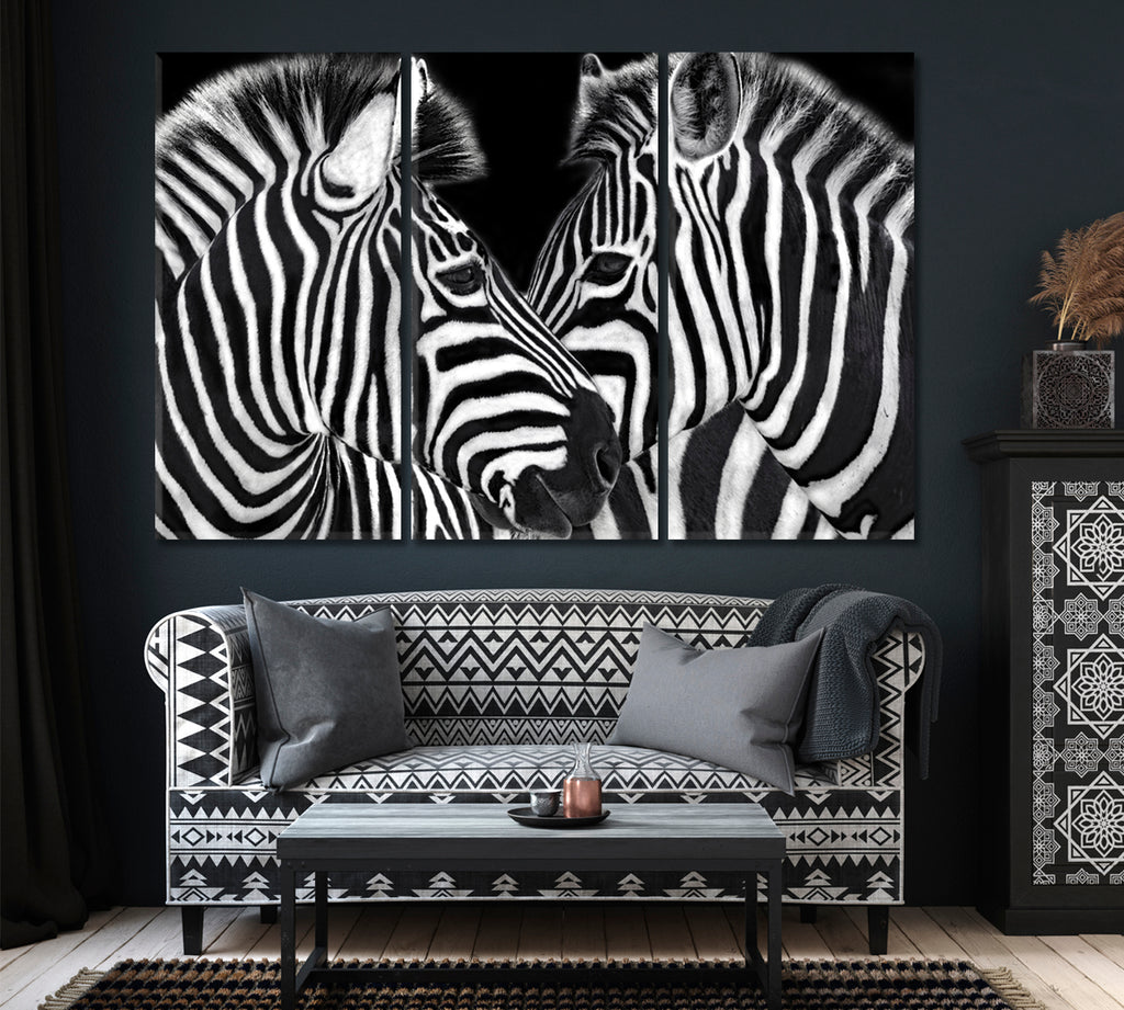 Two Zebras in Black and White Canvas Print ArtLexy 3 Panels 36"x24" inches 