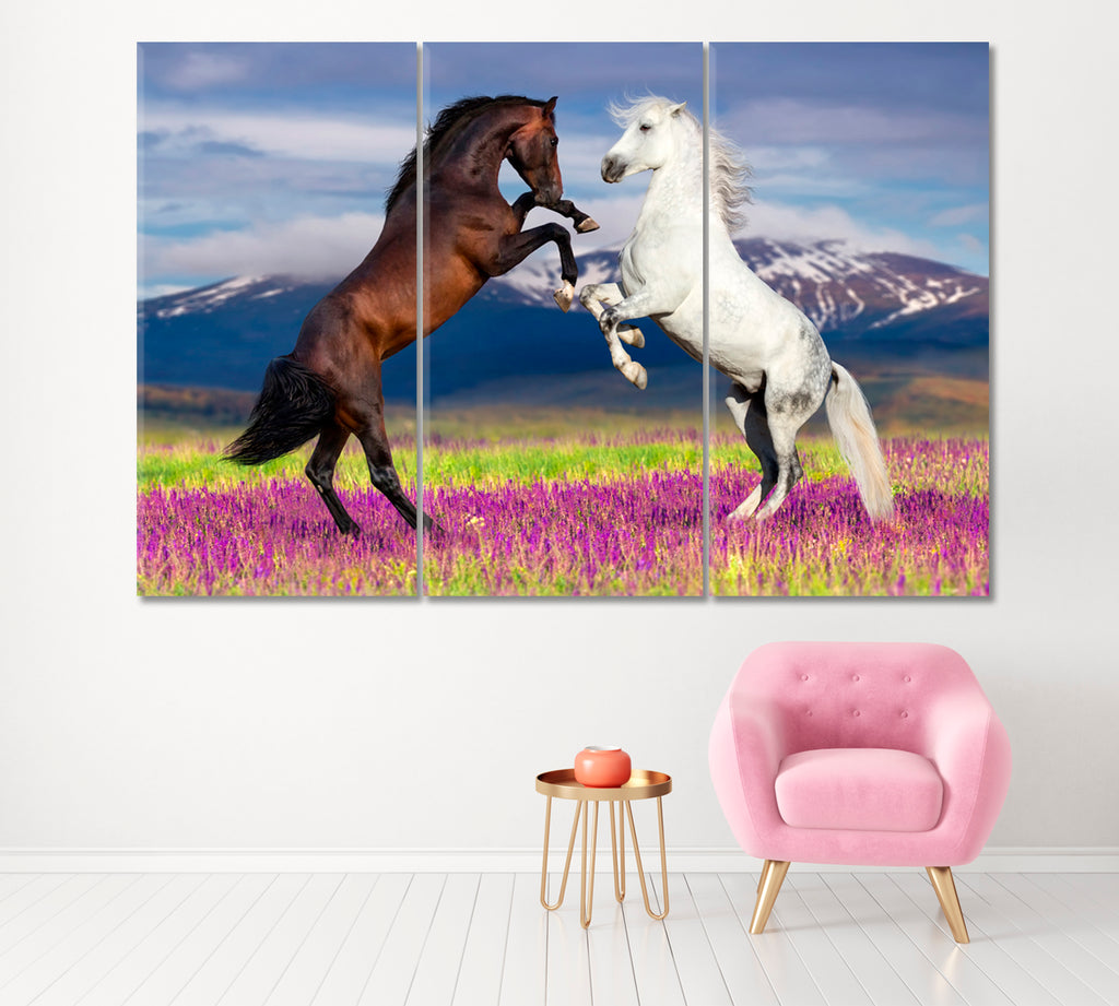 Two Horses Playing in Flower Field Canvas Print ArtLexy 3 Panels 36"x24" inches 
