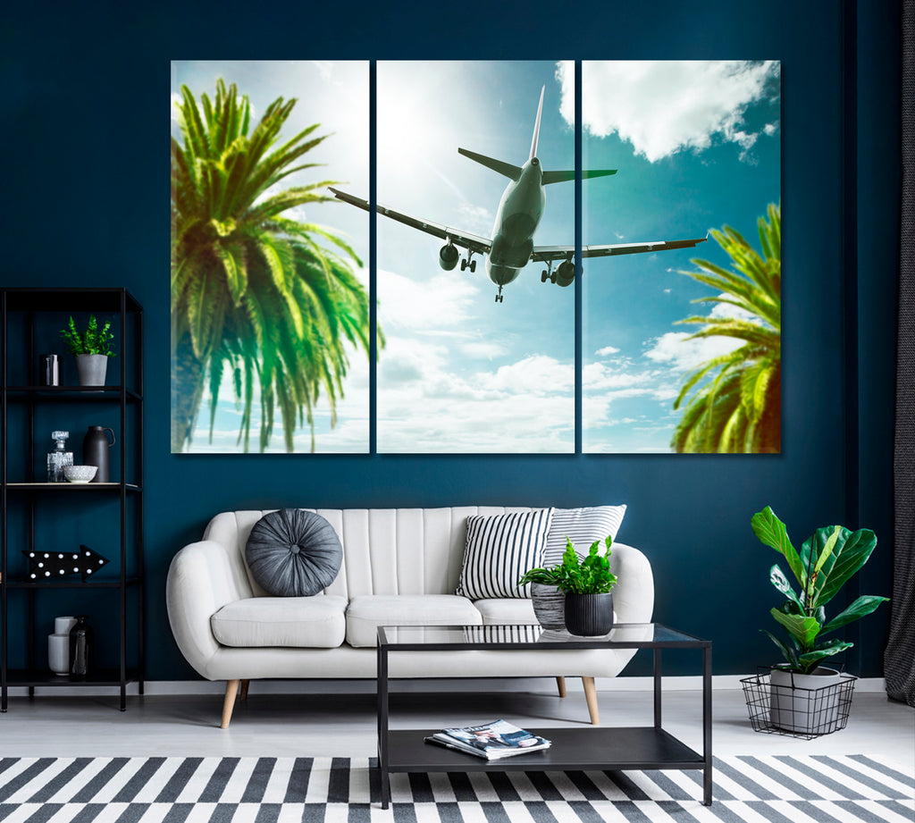 Plane over Palm Trees Canvas Print ArtLexy 3 Panels 36"x24" inches 