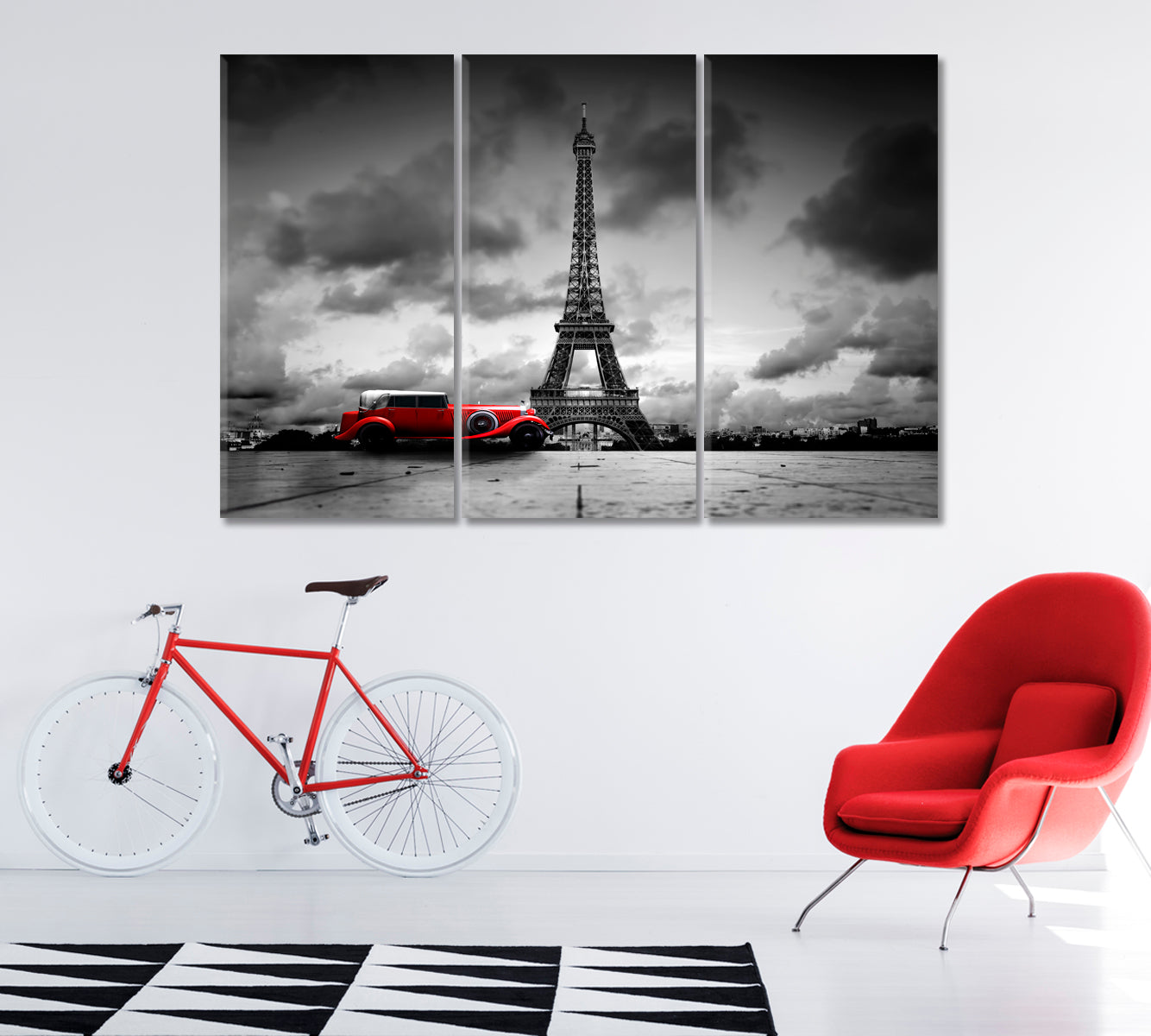 Eiffel Tower and Red Retro Car Canvas Print ArtLexy 3 Panels 36"x24" inches 