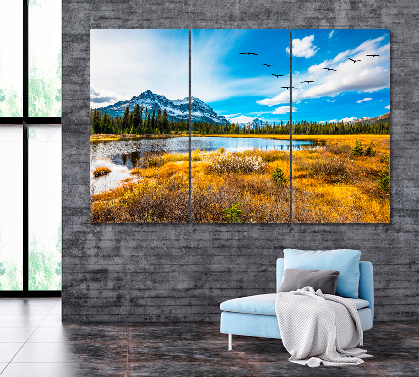 Autumn Valley in Canadian Rockies Landscape Canvas Print ArtLexy 3 Panels 36"x24" inches 