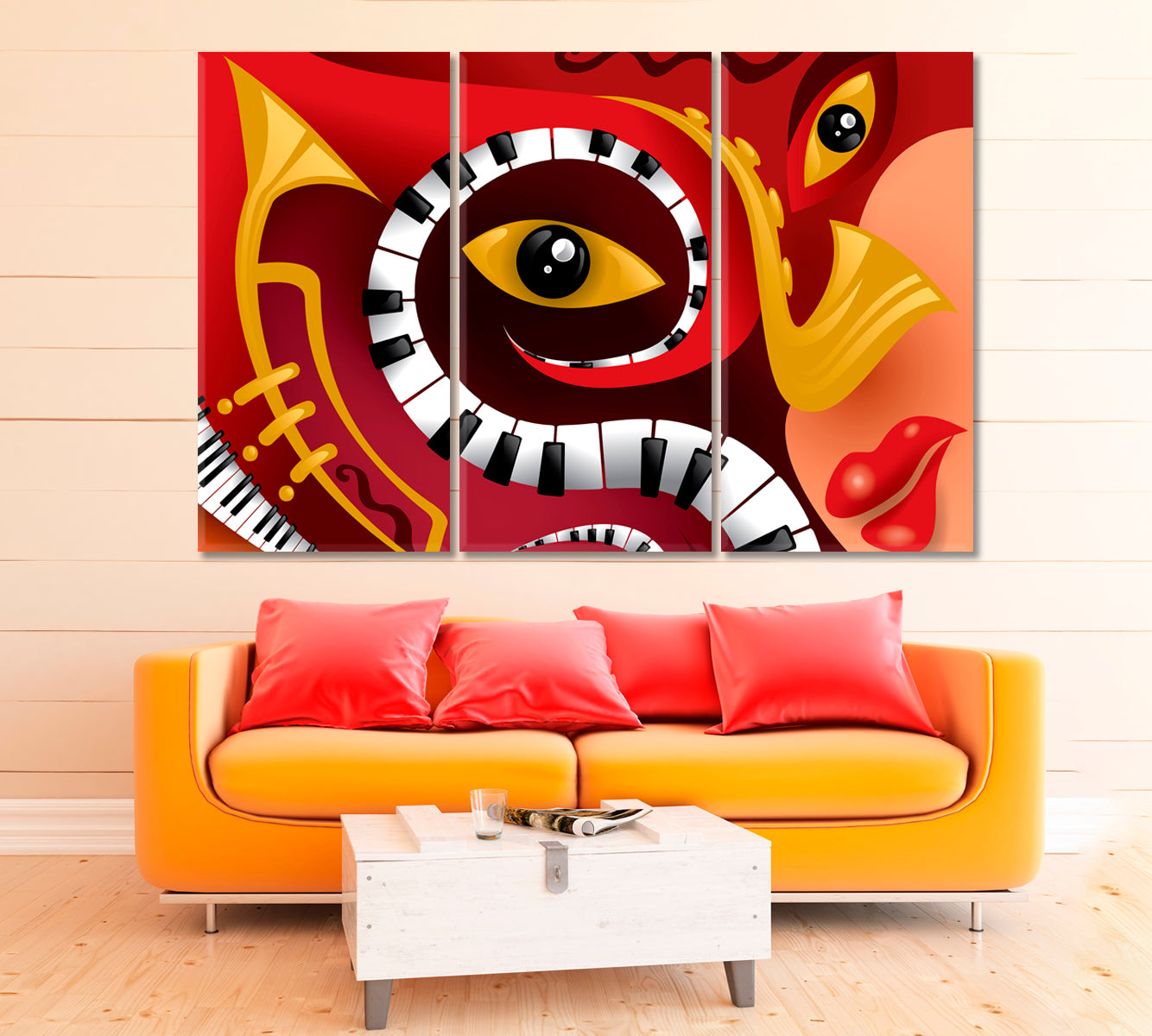 Abstract Jazz Music Instrument with Face Canvas Print ArtLexy 3 Panels 36"x24" inches 
