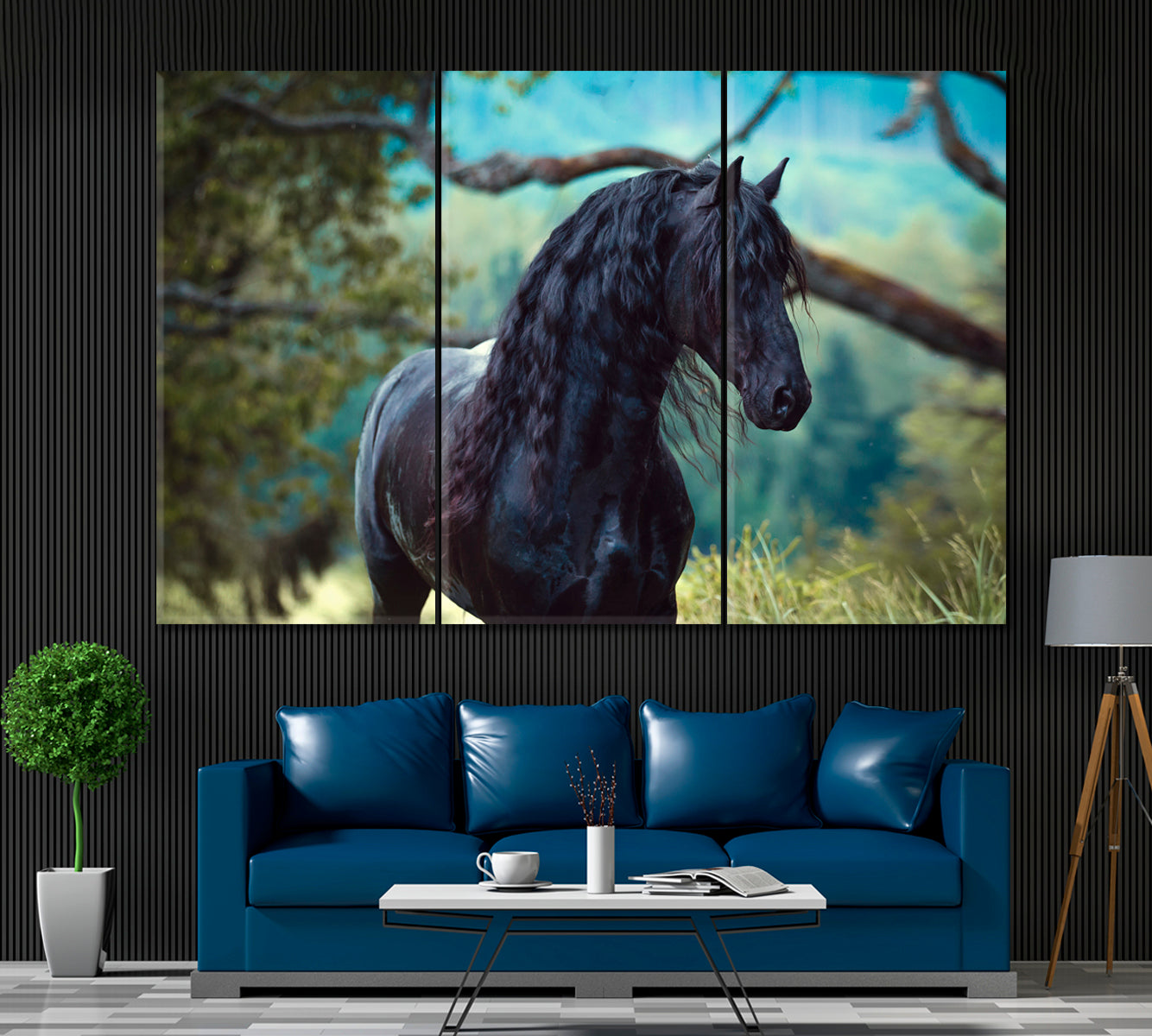 Young Friesian Stallion Canvas Print ArtLexy 3 Panels 36"x24" inches 