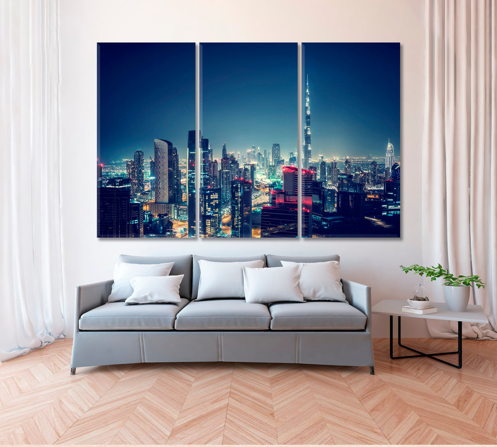 Night Dubai Downtown Skyline Canvas Print ArtLexy 3 Panels 36"x24" inches 