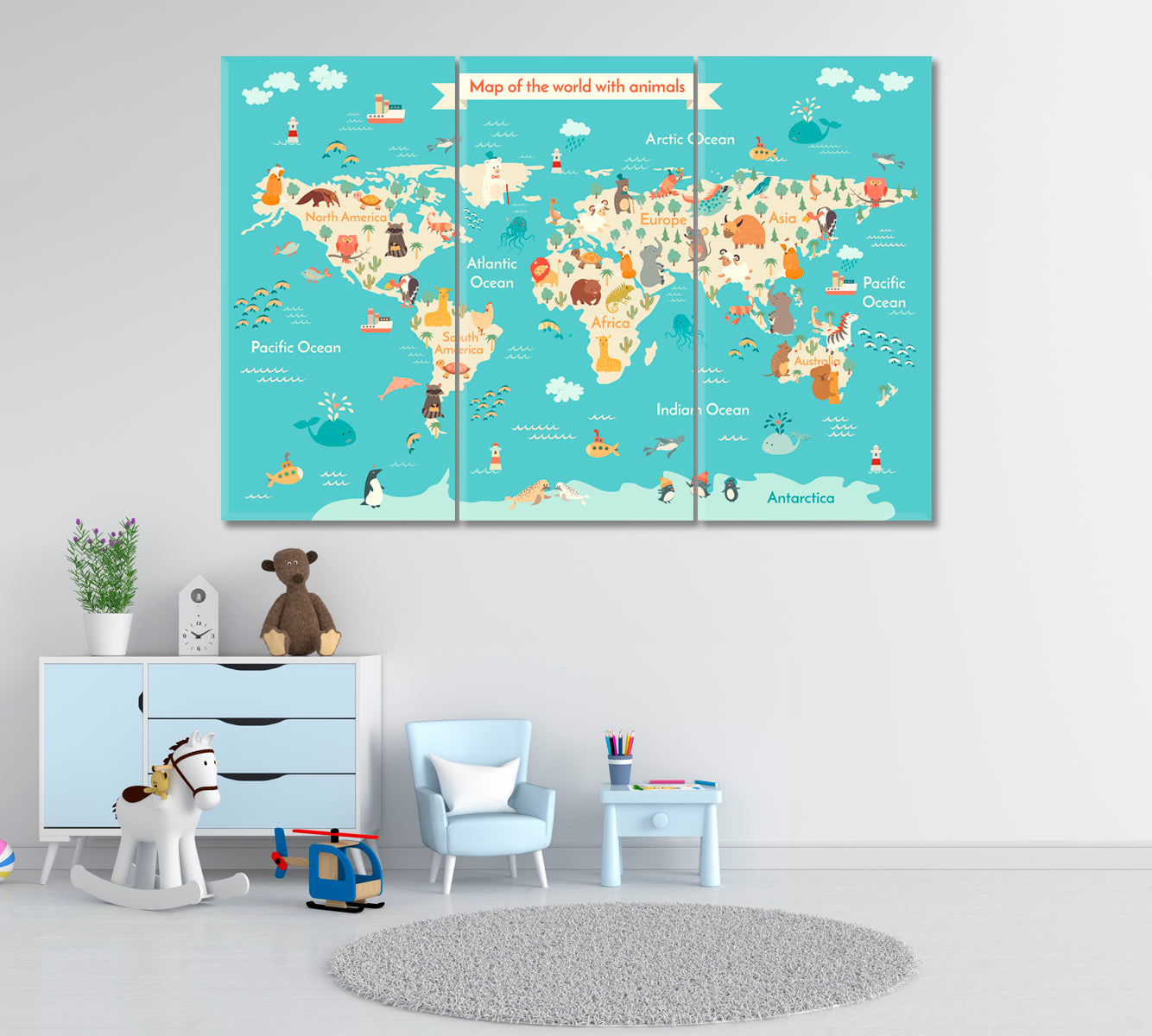 Animals World Map Canvas Print ArtLexy 3 Panels 36"x24" inches 