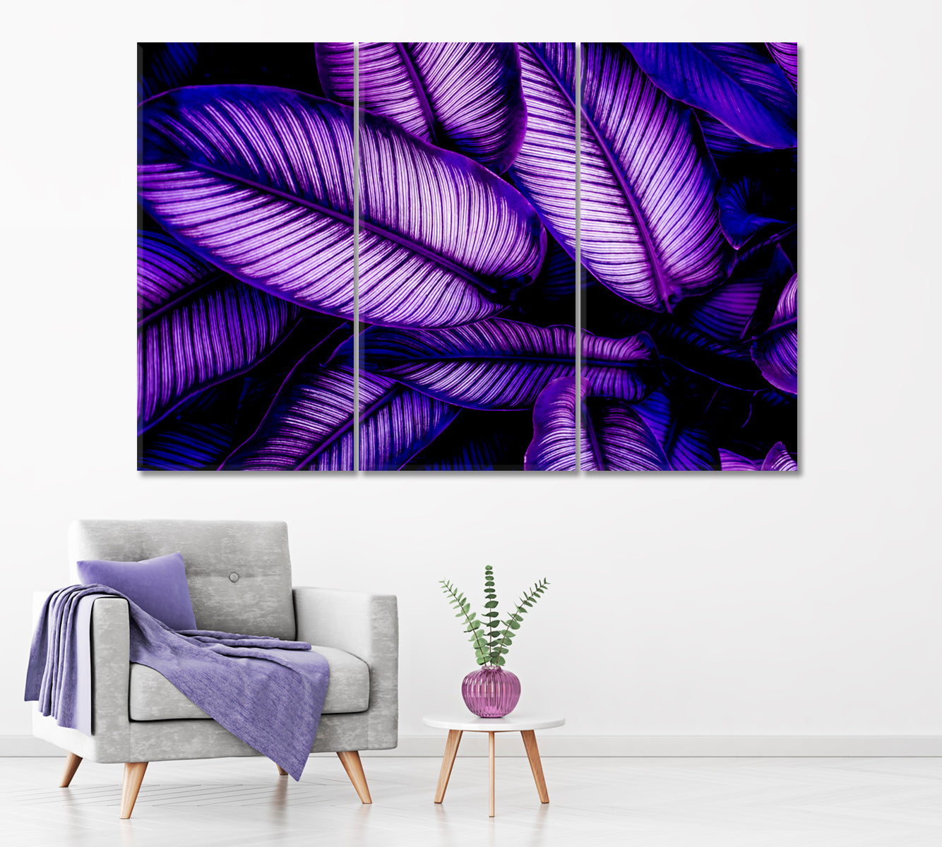 Purple Tropical Leaves Closeup Canvas Print ArtLexy 3 Panels 36"x24" inches 