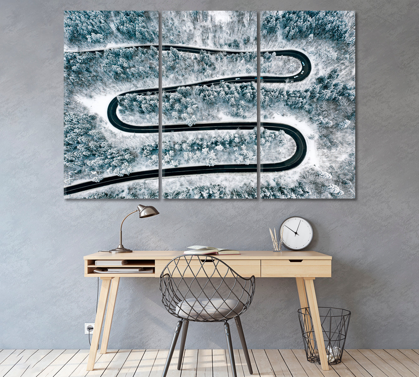 Winding Road in Winter Forest Canvas Print ArtLexy 3 Panels 36"x24" inches 