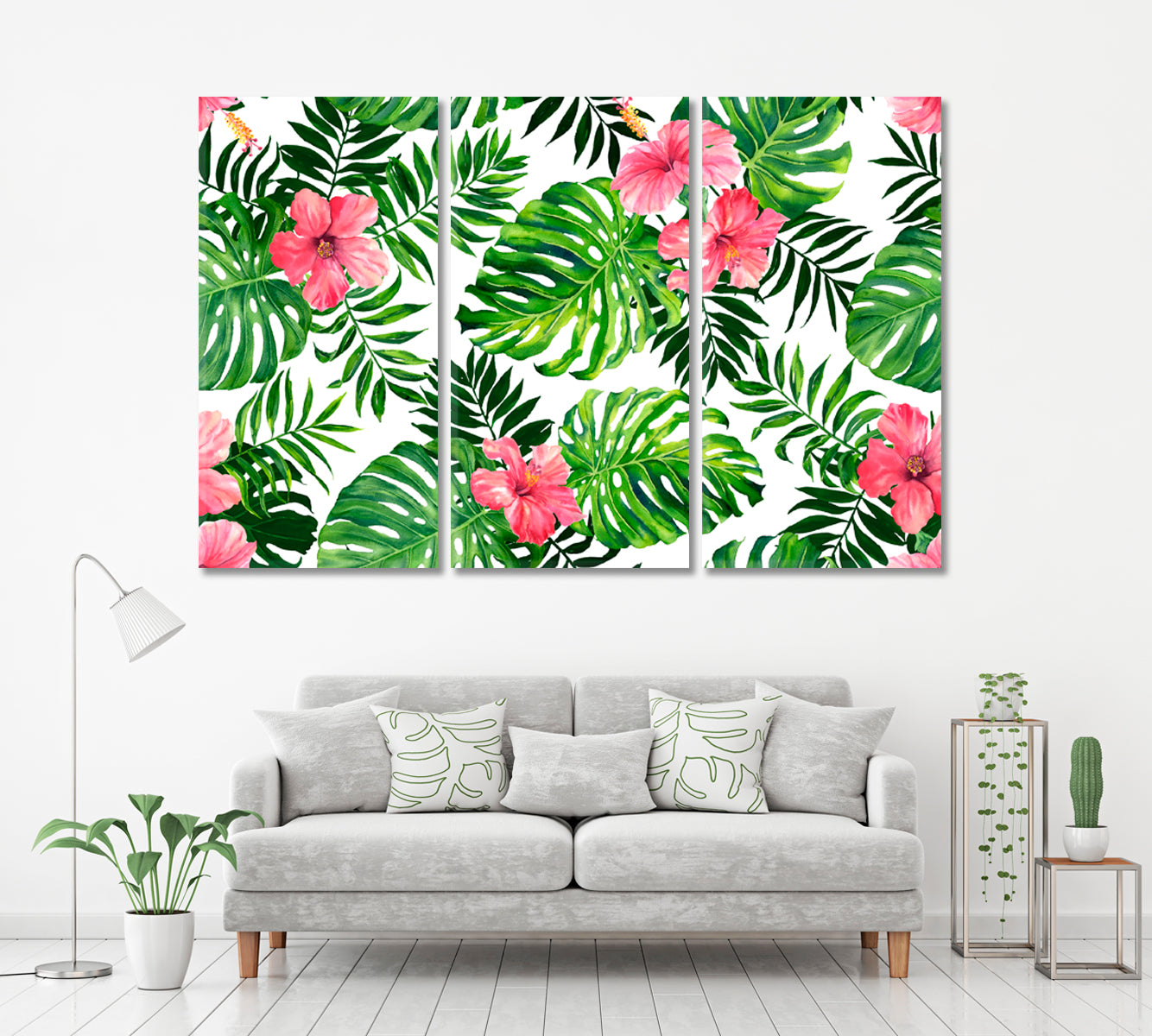 Hibiscus Flowers with Tropical Leaves Canvas Print ArtLexy 3 Panels 36"x24" inches 