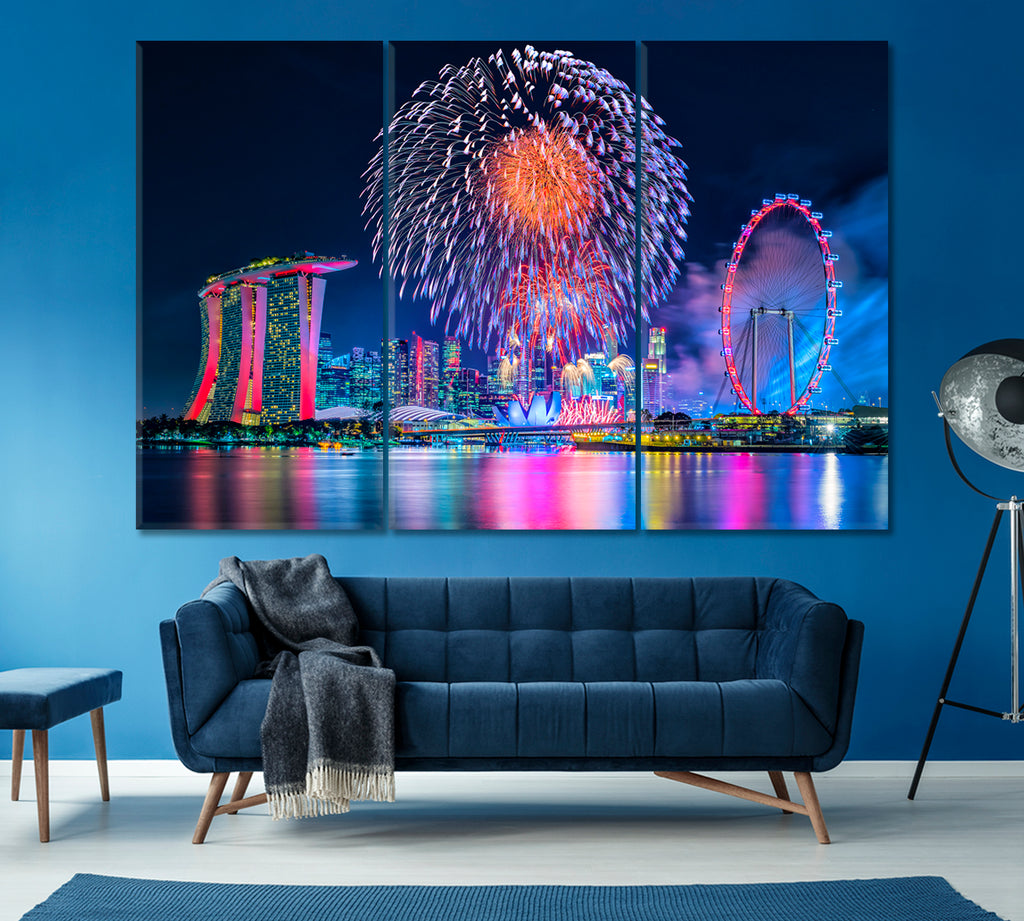 Fireworks in Singapore Canvas Print ArtLexy 3 Panels 36"x24" inches 