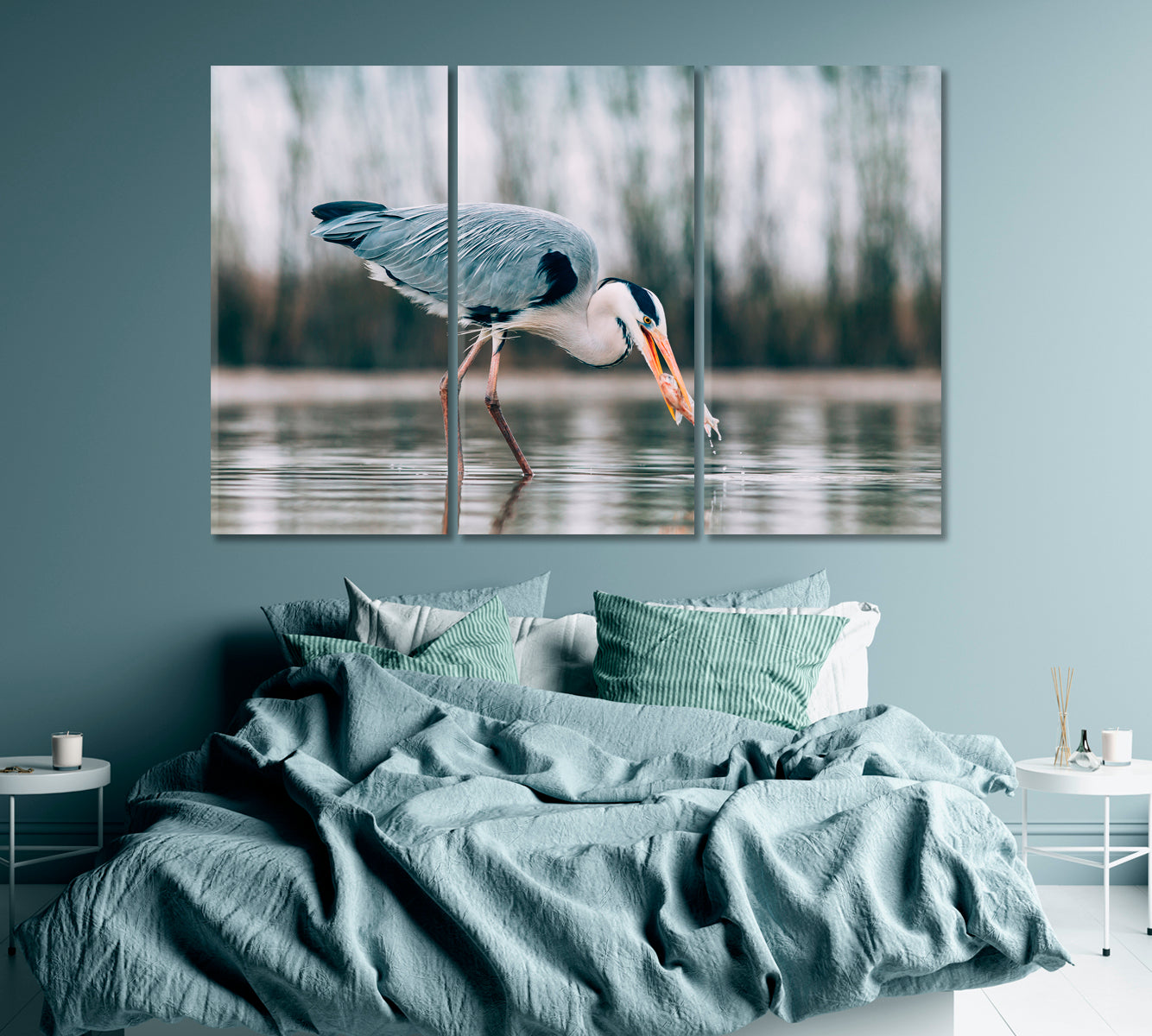 Grey Heron Fishing on Lake Canvas Print ArtLexy   