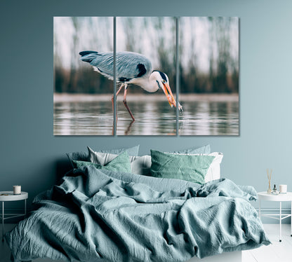 Grey Heron Fishing on Lake Canvas Print ArtLexy   