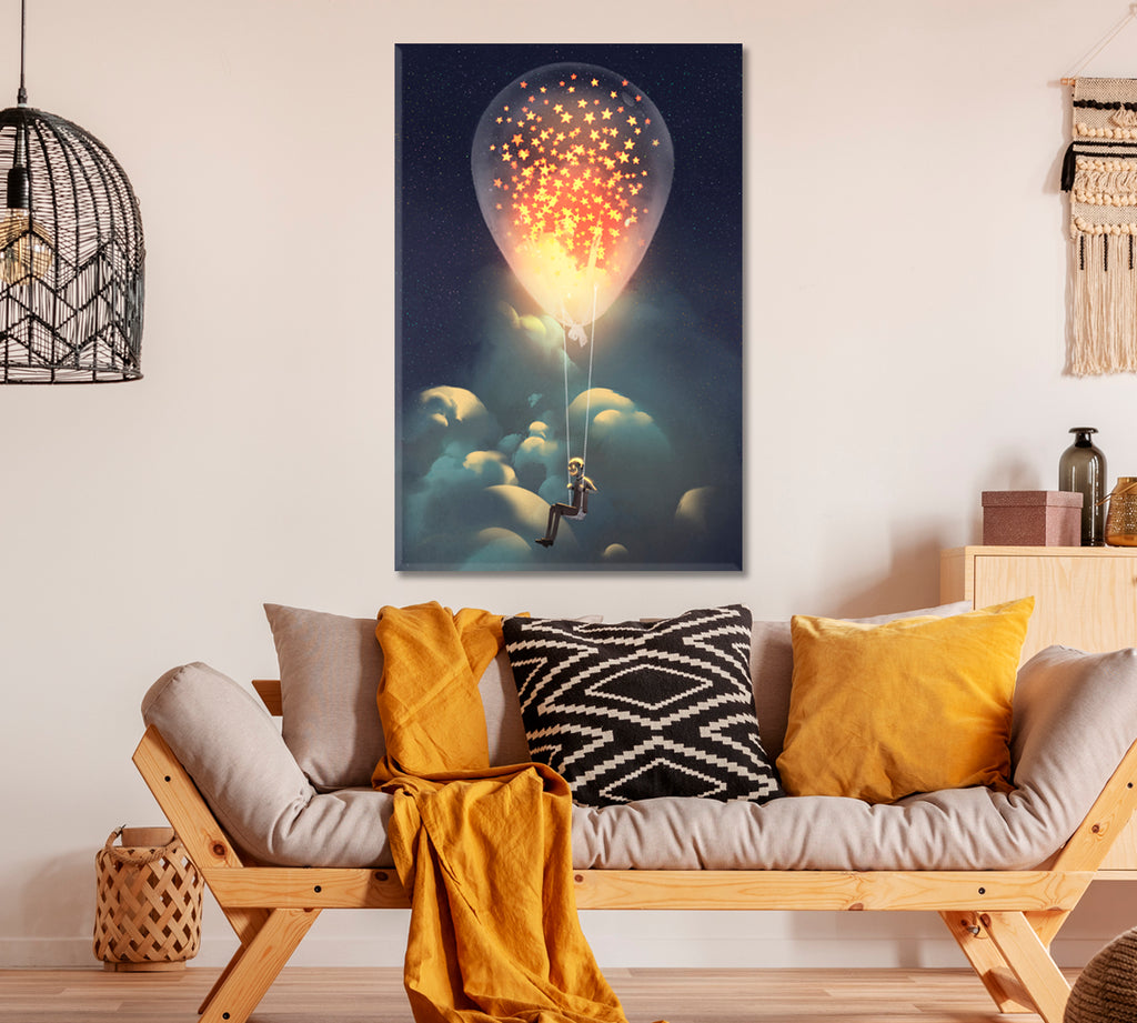 Man Flies on Balloon with Stars Inside Canvas Print ArtLexy   