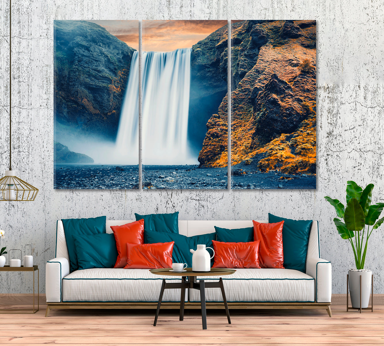 Amazing Skogafoss Waterfall Iceland Canvas Print ArtLexy 3 Panels 36"x24" inches 