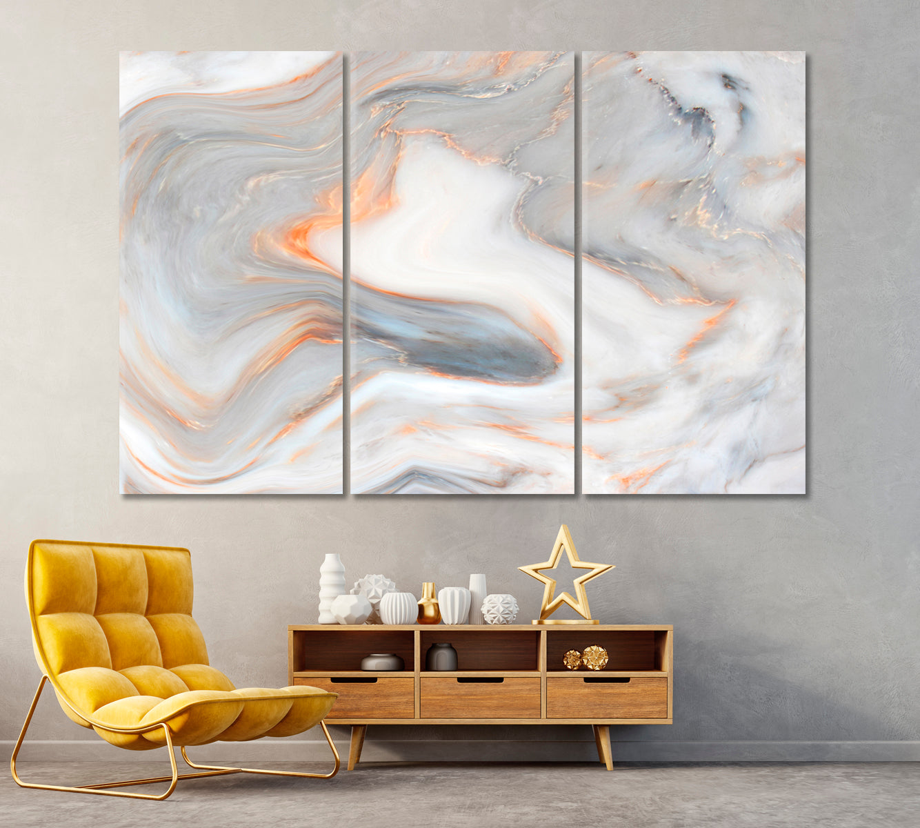 Luxury Gray Marble with Golden Veins Canvas Print ArtLexy 3 Panels 36"x24" inches 