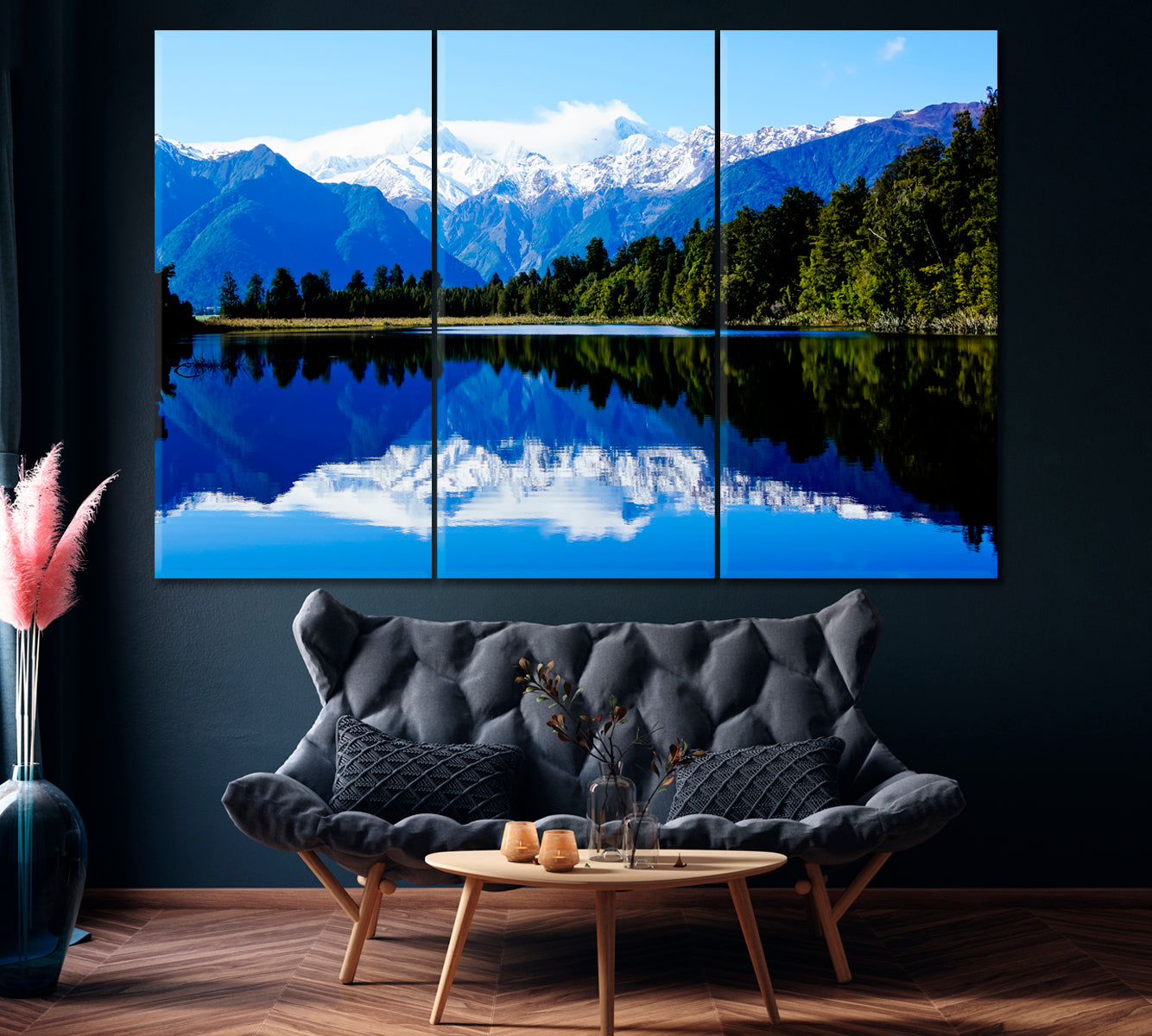 Reflection of Mount Cook and Mount Tasman on Lake Matheson New Zealand Canvas Print ArtLexy 3 Panels 36"x24" inches 