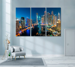 Dubai Marina at Night Canvas Print ArtLexy 3 Panels 36"x24" inches 