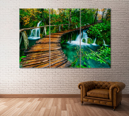 Wooden Path and Lake in Plitvice National Park Croatia Canvas Print ArtLexy 5 Panels 36"x24" inches 