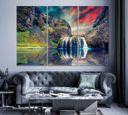 Stjornarfoss Waterfall at Sunset, Iceland Landscape Canvas Print ArtLexy 3 Panels 36"x24" inches 