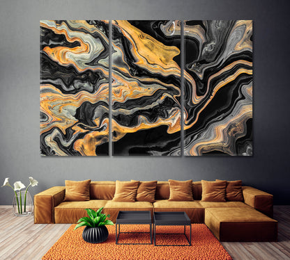 Luxury Black and Yellow Curly Marble Canvas Print ArtLexy 3 Panels 36"x24" inches 