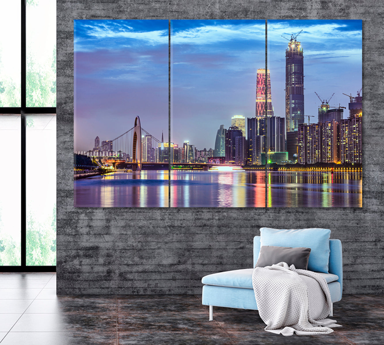 Guangzhou Skyline and Pearl River China Canvas Print ArtLexy 3 Panels 36"x24" inches 
