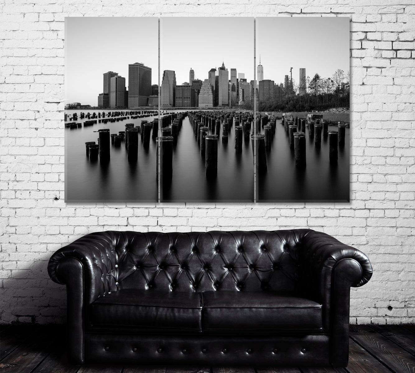 Manhattan Financial District with Abandoned Pier over East River Canvas Print ArtLexy 3 Panels 36"x24" inches 