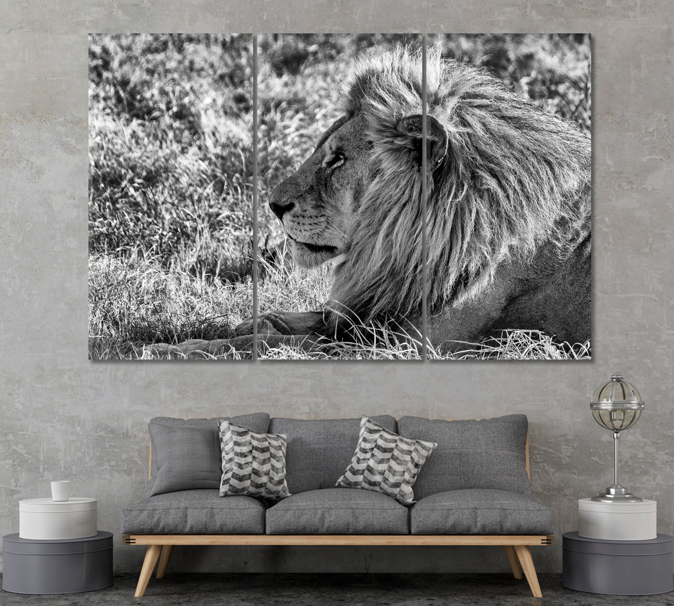African Lion in Black and White Canvas Print ArtLexy 3 Panels 36"x24" inches 