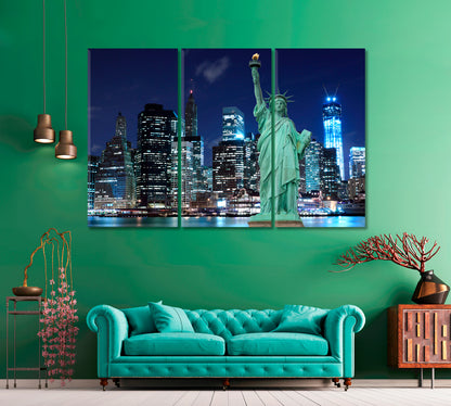 Statue of Liberty at Night with Manhattan Skyline Canvas Print ArtLexy 3 Panels 36"x24" inches 