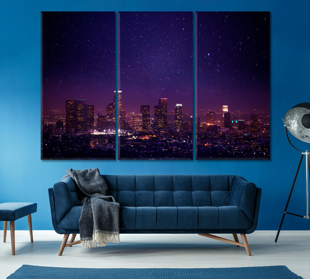 Los Angeles Skyline at Night Canvas Print ArtLexy 3 Panels 36"x24" inches 