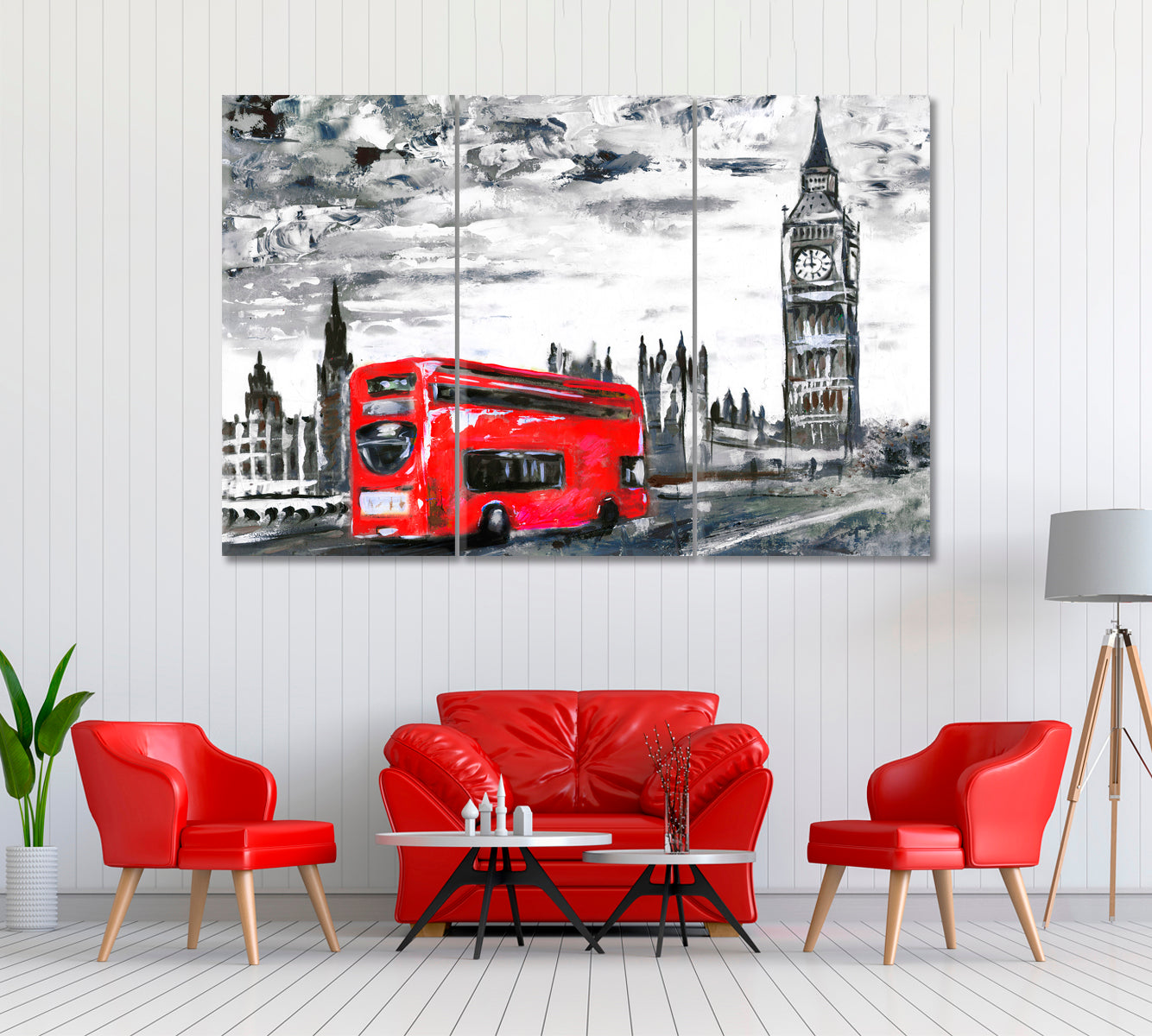 London with Red Bus and Big Ben Canvas Print ArtLexy 3 Panels 36"x24" inches 