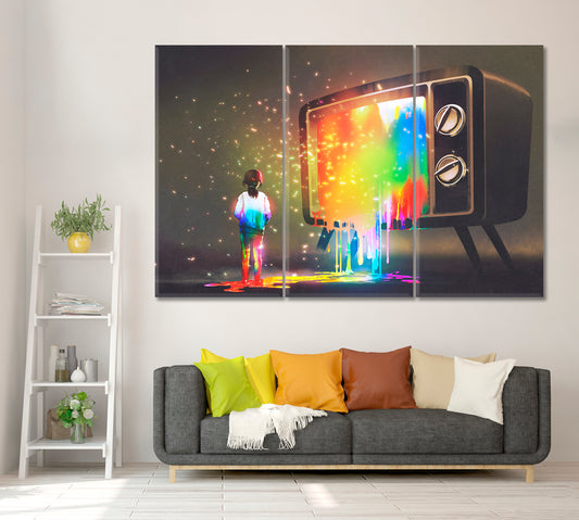 Bright Paint Flows From TV to Little Girl Canvas Print ArtLexy 3 Panels 36"x24" inches 