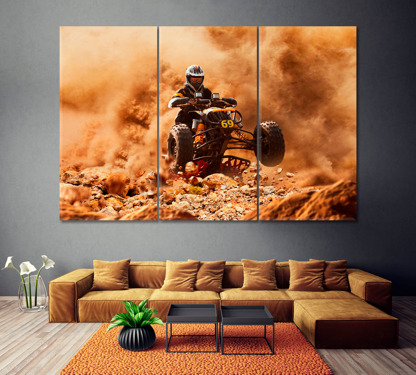 ATV Rider in Cloud of Dust Canvas Print ArtLexy 3 Panels 36"x24" inches 